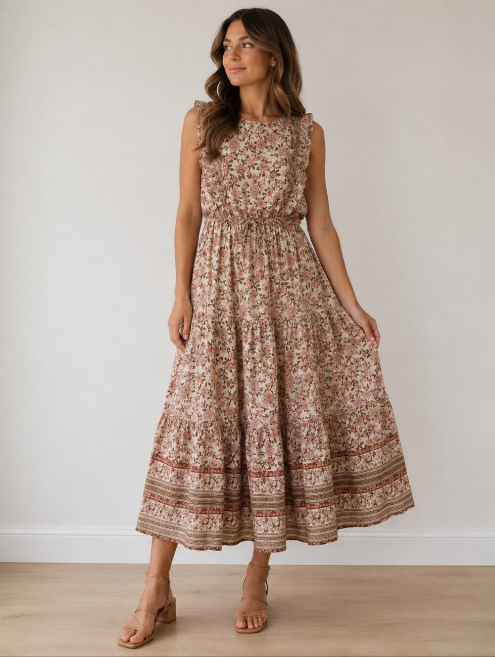 By The River Anthropology Women's Tiered Floral Milkmaid Dress Size Medium Midi